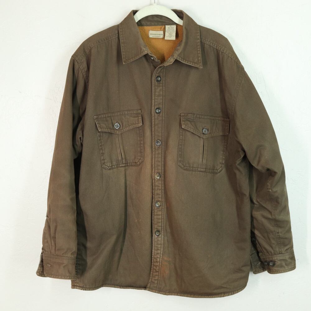Vtg Rugged Earth Outfitters Shacket L Shirt Jacket Brown Canvas Fleece Lined